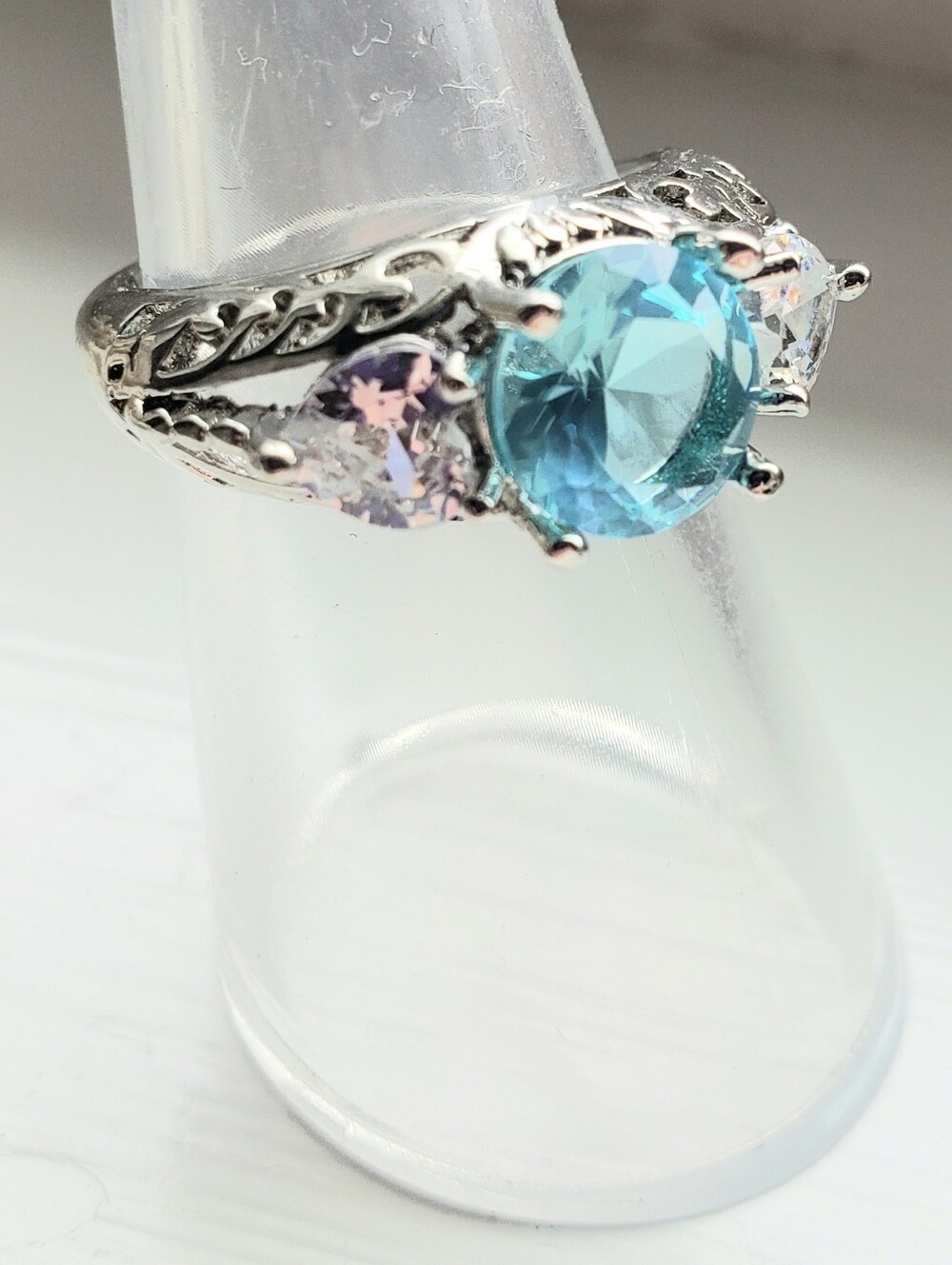 NEW AQUAMARINE STERLING Silver Ring, Size 6, Art Deco Style, Round-cut Beauty - Picture 7 of 8